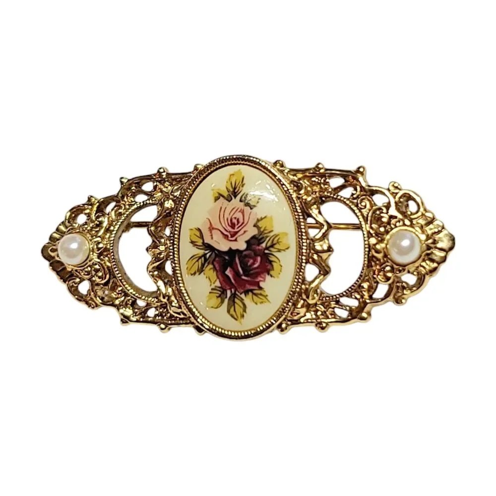 VTG 1928 Brand Painted Roses Faux Pearl Gold Tone Brooch Pin Victorian Revival